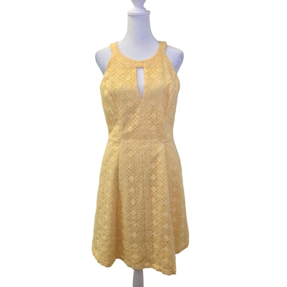White House Black Market Yellow Geometric Lace Overlay Fit & Flare Dress Size 6 - Picture 1 of 7